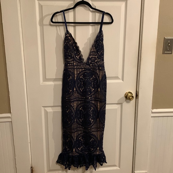 NEW Pretty Little Things Navy Strappy Thick Lace Frill Hem Midi Dress - Picture 1 of 15